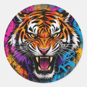 Angry tiger on classic round sticker
