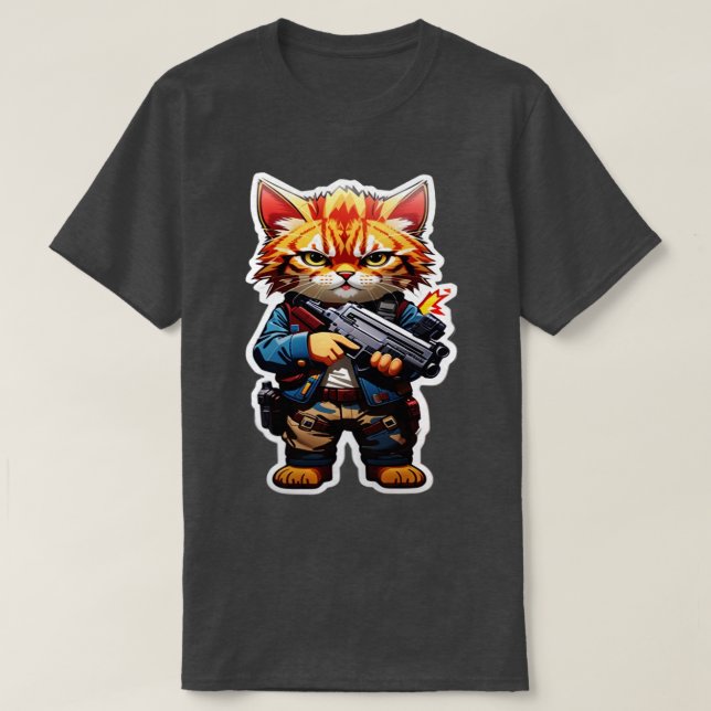 Angry Tiny Cat with Gun 2 T-Shirt (Design Front)
