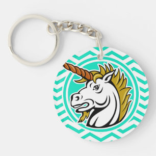 Angry Unicorn; Aqua Green Chevron Key Ring
