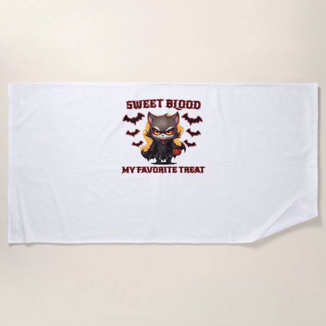 Angry Vampire Cat Craves Sweet Halloween Blood Ove Beach Towel (Front)