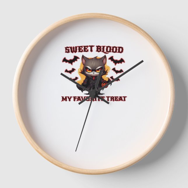 Angry Vampire Cat Craves Sweet Halloween Blood Ove Clock (Front)