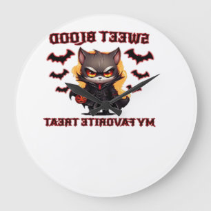 Angry Vampire Cat Craves Sweet Halloween Blood Ove Large Clock