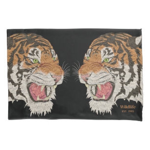 Angry wild tigers in deap jungle Brown Black Pillowcase