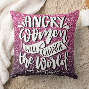 ANGRY WOMEN WILL CHANGE WORLD GLITTER TYPOGRAPHY CUSHION