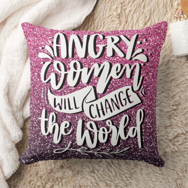 ANGRY WOMEN WILL CHANGE WORLD GLITTER TYPOGRAPHY CUSHION (Blanket)