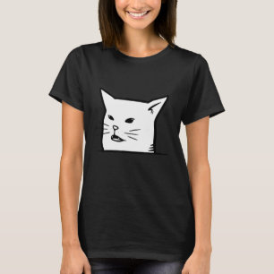 Angry women yelling at confused cat at dinner tabl T-Shirt