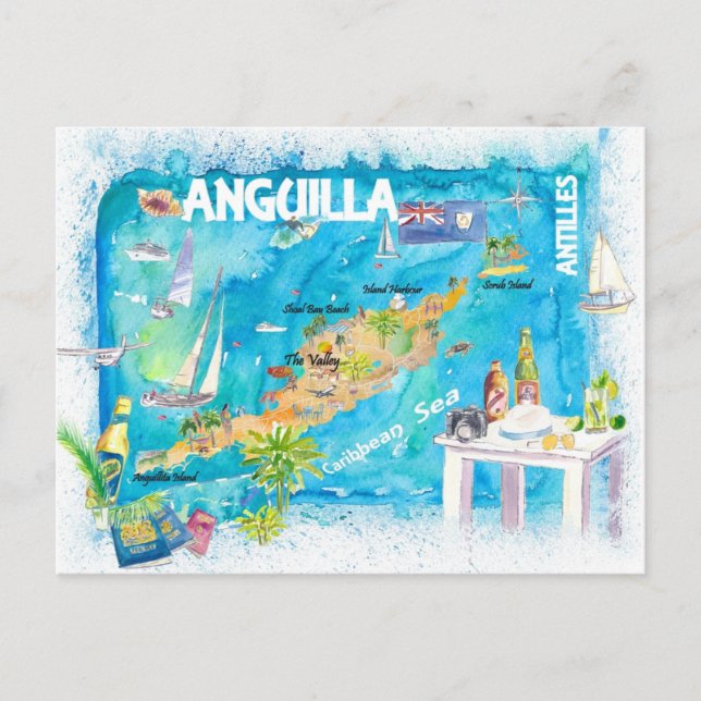Anguilla Antilles Illustrated Caribbean Travel Map Postcard (Front)