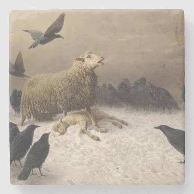 Anguish: Sheep with a Dead Lamb Stone Coaster (Front)