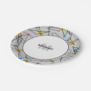Angular Geometric Retro Pattern Monogrammed Paper Plate