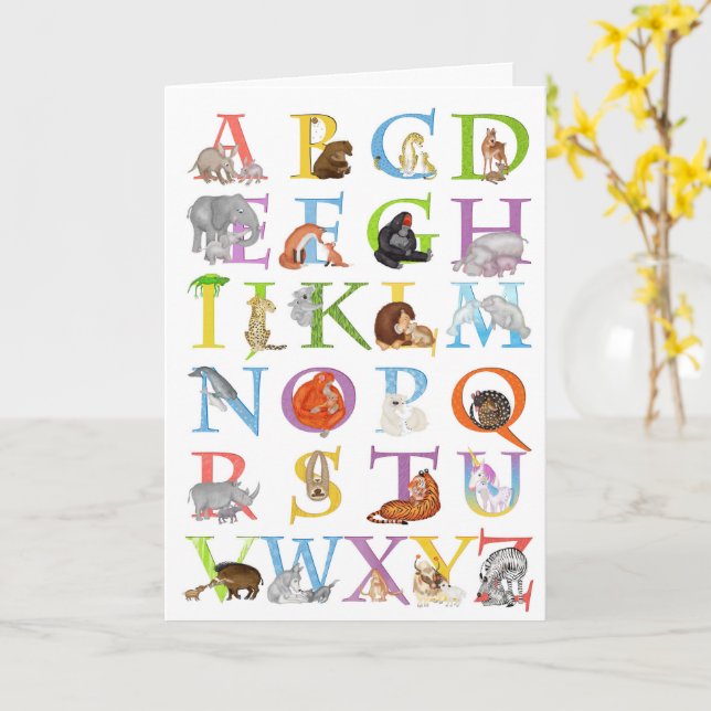 Animal ABC birthday card (blue version) (Yellow Flower)