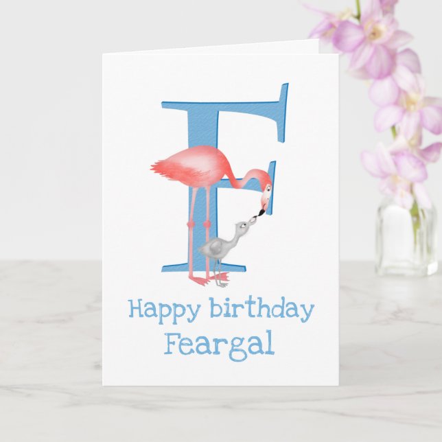 Animal ABC F is for flamingo birthday card (Orchid)