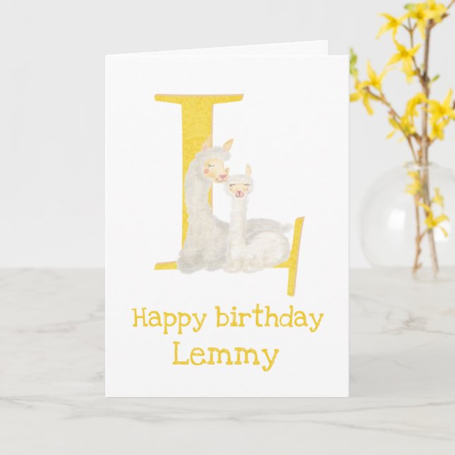 Animal ABC L is for llama birthday card (Yellow Flower)