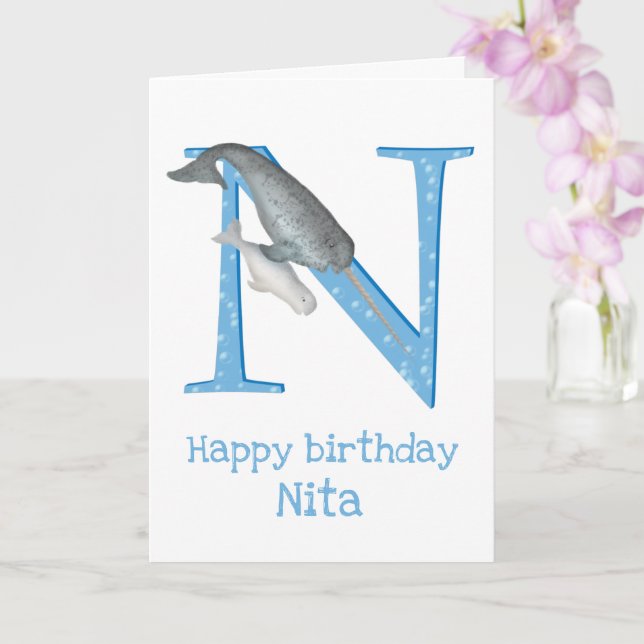 Animal ABC N is for narwhal birthday card (Orchid)