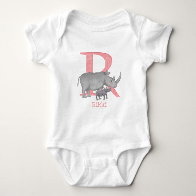 Animal ABC R is for rhino baby bodysuit (Front)