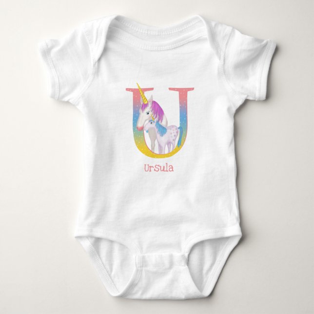 Animal ABC U is for unicorn baby bodysuit (Front)
