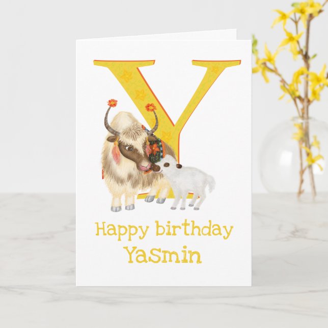 Animal ABC Y is for yak birthday card (Yellow Flower)