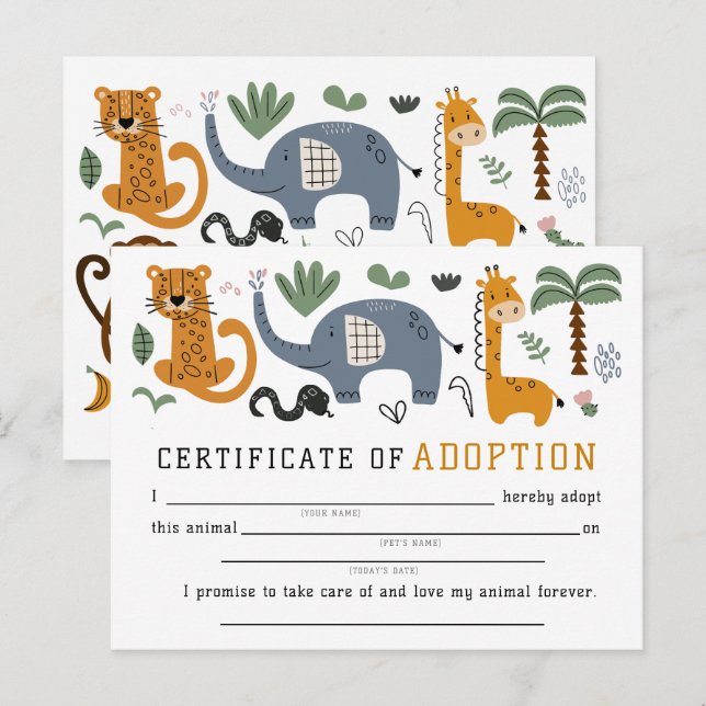 Animal Adoption Certificate Two Wild Safari Kids Postcard (Front/Back)