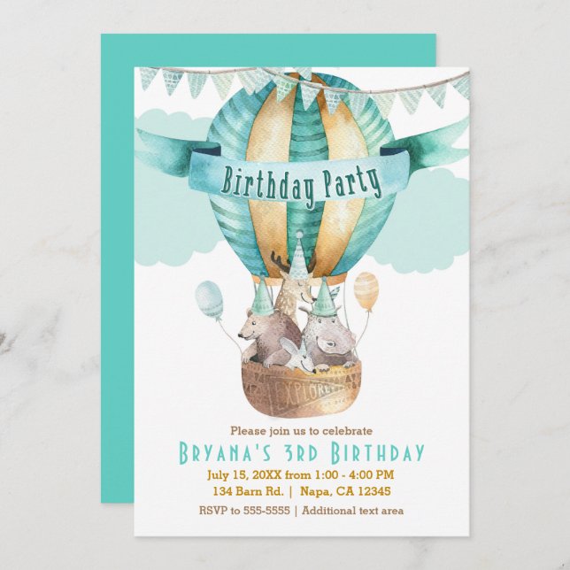 Animal Adventure Watercolor ANY AGE Birthday Party Invitation (Front/Back)