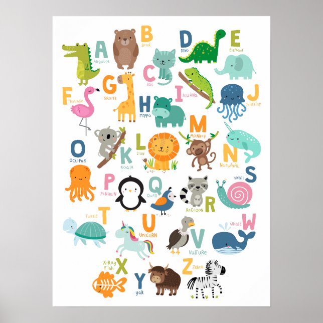Animal Alphabet Kids Nursery Home School Classroom Poster (Front)