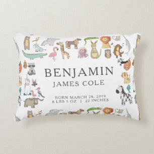 Animal Alphabet Nursery Birth Stats Pillow