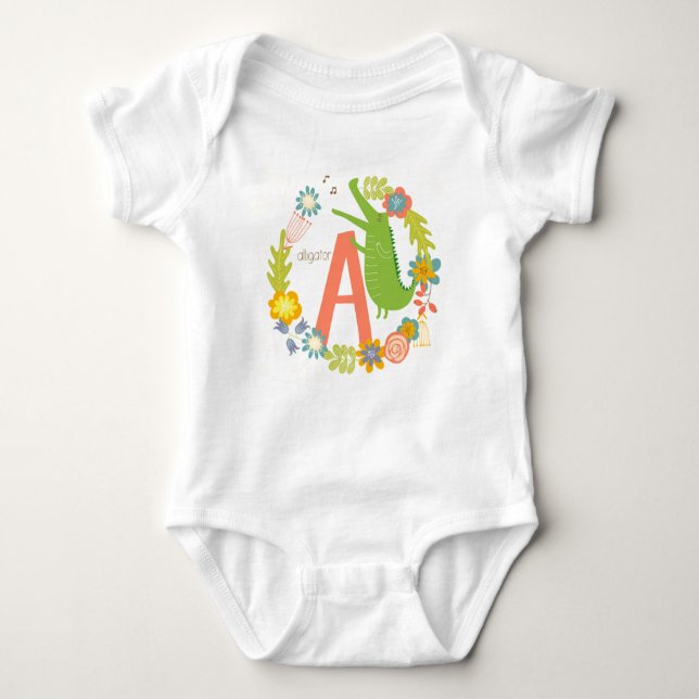 Animal Alphabet Series Alligator Letter A  Baby Bodysuit (Front)