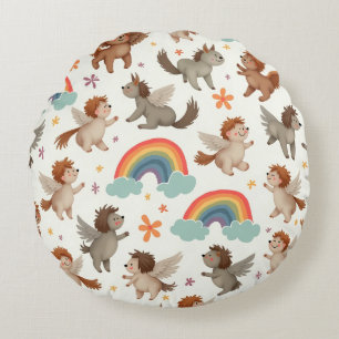 Animal Angels in Happy Land Round Cushion
