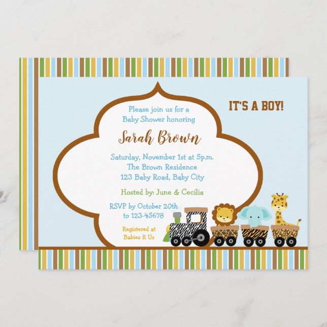 Animal Baby Boy Shower Invitations (Train) Prints (Front/Back)