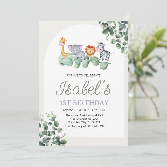  Animal Baby First birthday,Eucalyptus 1st Birth Invitation (Standing Front)