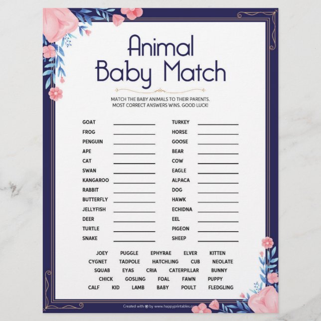 Animal Baby Match [Floral Frame] Custom Letterhead (Front)