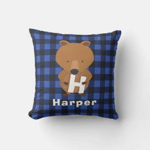 Animal Bear Monogram Name Kids Blue Plaid Cushion