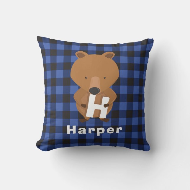 Animal Bear Monogram Name Kids Blue Plaid Cushion (Front)