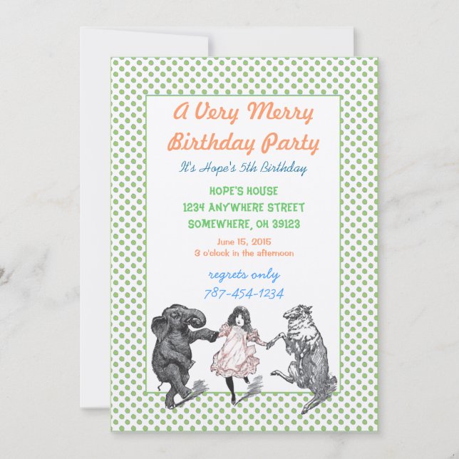 Animal Birthday Party Invitation Green Dot Border (Front)