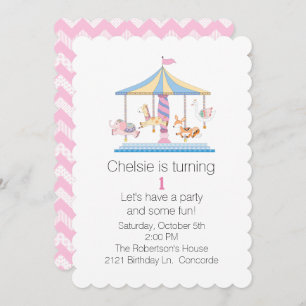 Animal Carousel Babys First Birthday Invitation