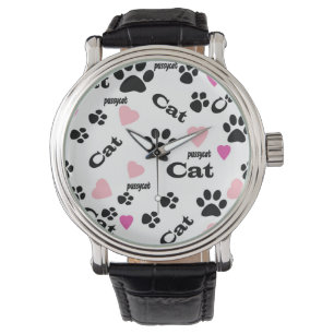 Animal cat paw track feet seamless white black pin watch
