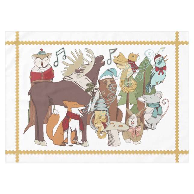 Animal Christmas Caroller White Holiday Tablecloth (Front (Horizontal))