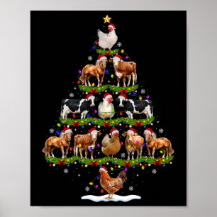 Animal Christmas Tree Lights Chicken Cow Goat Farm Poster