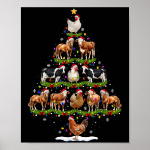 Animal Christmas Tree Lights Chicken Cow Goat Farm Poster