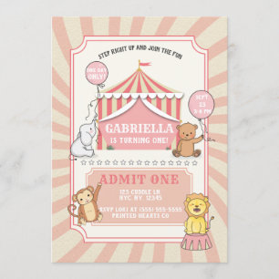 Animal Circus  Birthday Invitation   Vintage Pink