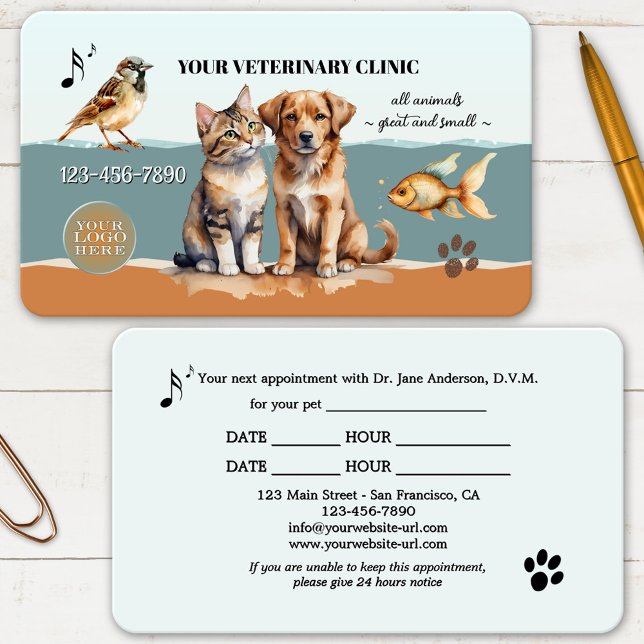Animal Clinic Veterinary Appointment Business Card (Professional business card for a veterinarian or pet clinic featuring watercolor animals)