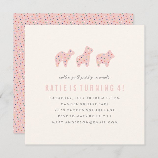 Animal Cookie Birthday Invitation - Bubblegum (Front/Back)