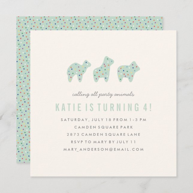 Animal Cookie Birthday Invitation - Mint (Front/Back)
