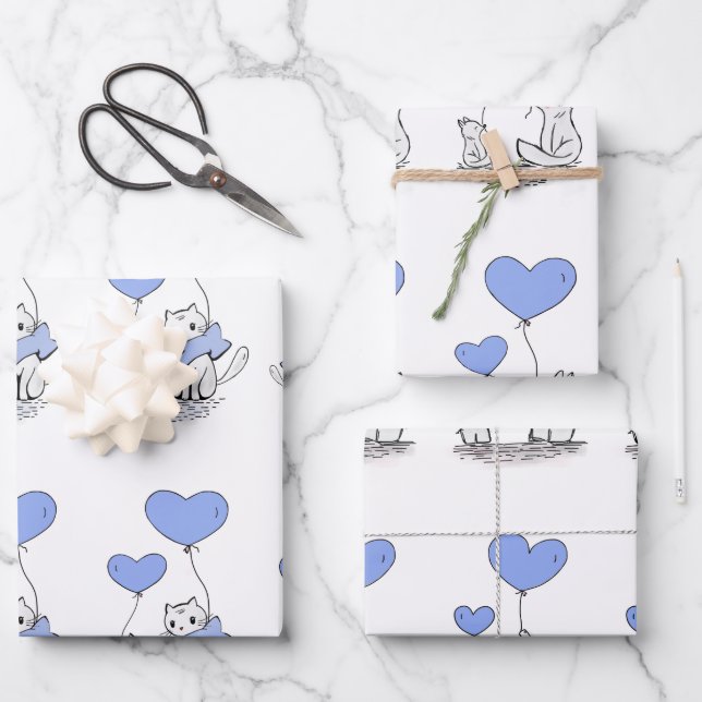 Animal Family With Blue Heart Balloons Wrapping Paper Sheet (Front)
