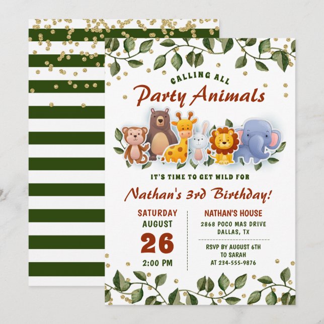 Animal Friends Zoo Party Greenery Kids Birthday Invitation (Front/Back)