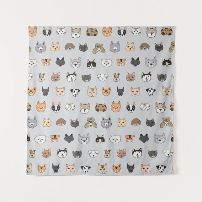 Animal Fun: Cats Dogs Doodle Mix Tapestry (Front)