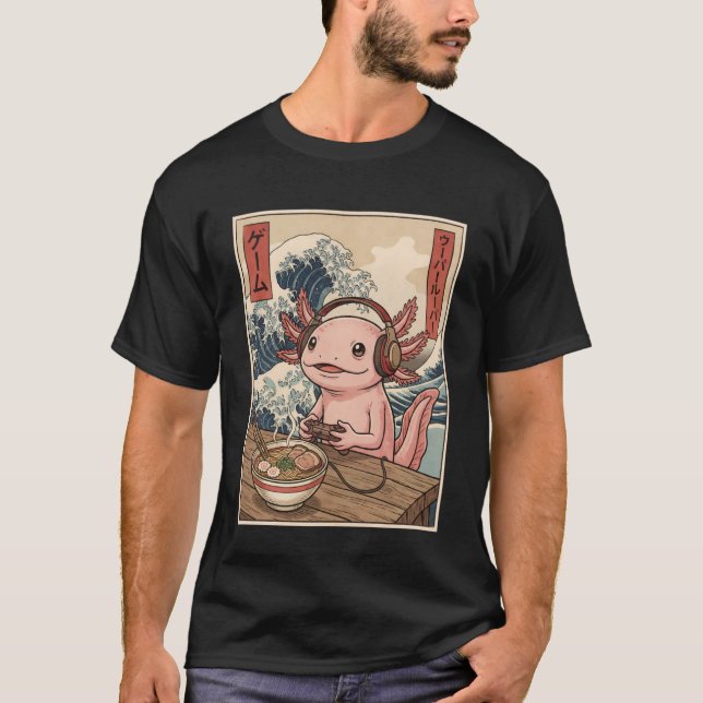 Animal Gamer Axolotl Eating Ramen Japanese Kawaii  T-Shirt (Front)