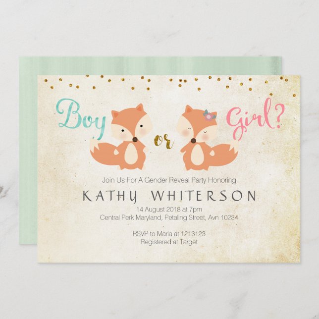 Animal gender reveal Invitation Fox (Front/Back)
