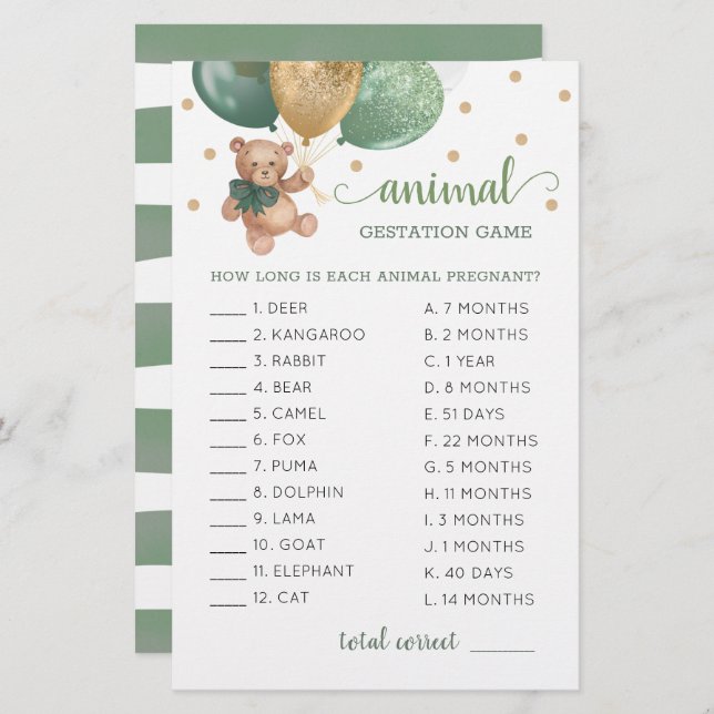 Animal Gestation Game Sage Green Teddy Bear (Front/Back)