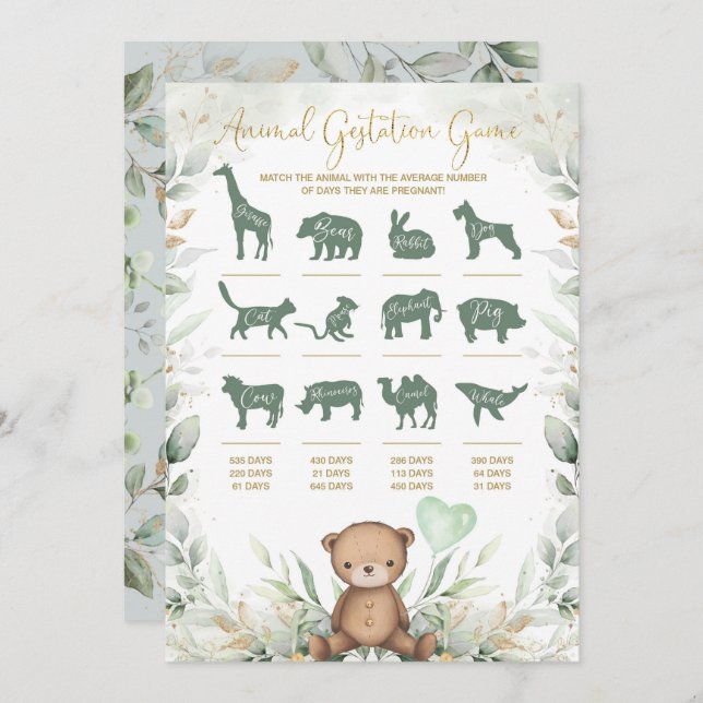 Animal Gestation Teddy Bear Baby Shower Game Card (Front/Back)