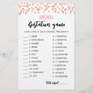 Animal Gestation with Answers Baby Shower Game