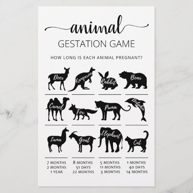 Animal Gestation with Answers Baby Shower Game (Front)